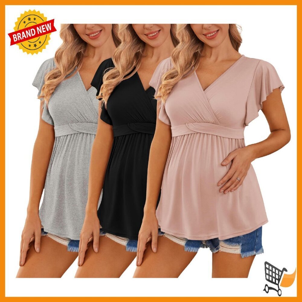 Maternity Nursing Tops 3-Pack Short Sleeve V-Neck Pull-Down